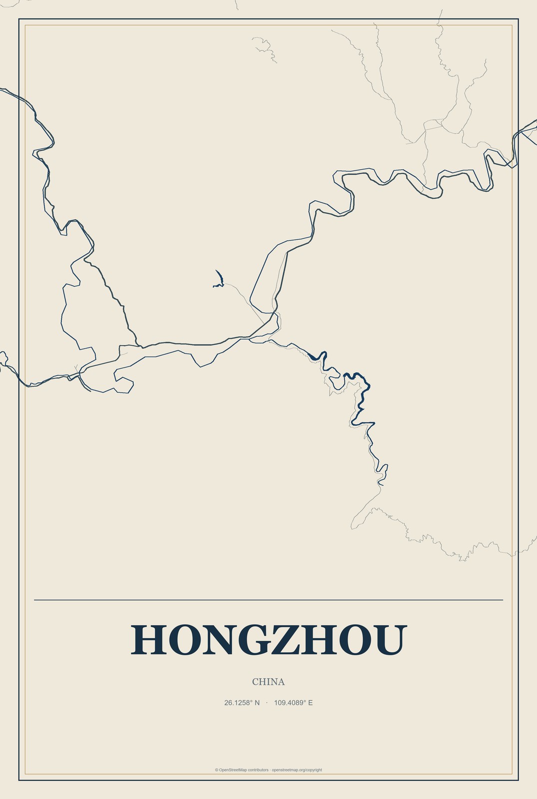 Hongzhou, China City Map Aluminum Sign in Coastal Cutout style