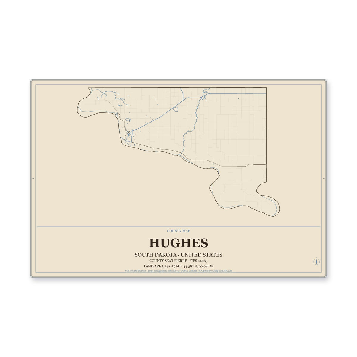 Hughes County, South Dakota Map Aluminum Sign in Heritage Nautical style