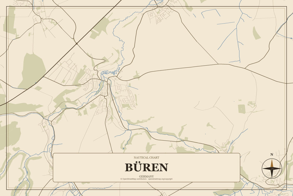 Büren, Germany City Map Aluminum Sign in Heritage Nautical style