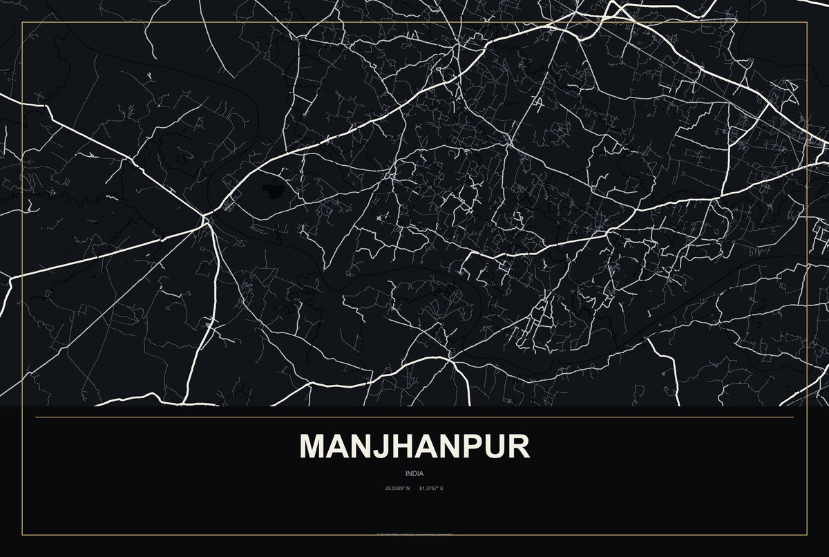 Manjhanpur, India City Map Aluminum Sign in Metropolitan Noir style