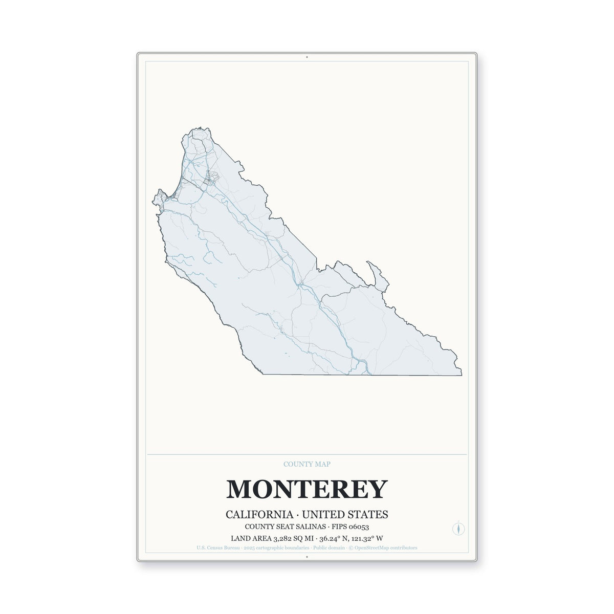 Monterey County, California Map Aluminum Sign in Gallery Air style