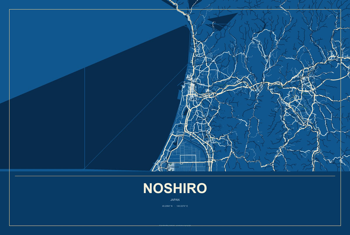 Noshiro, Japan City Map Aluminum Sign in Harbor Cobalt style