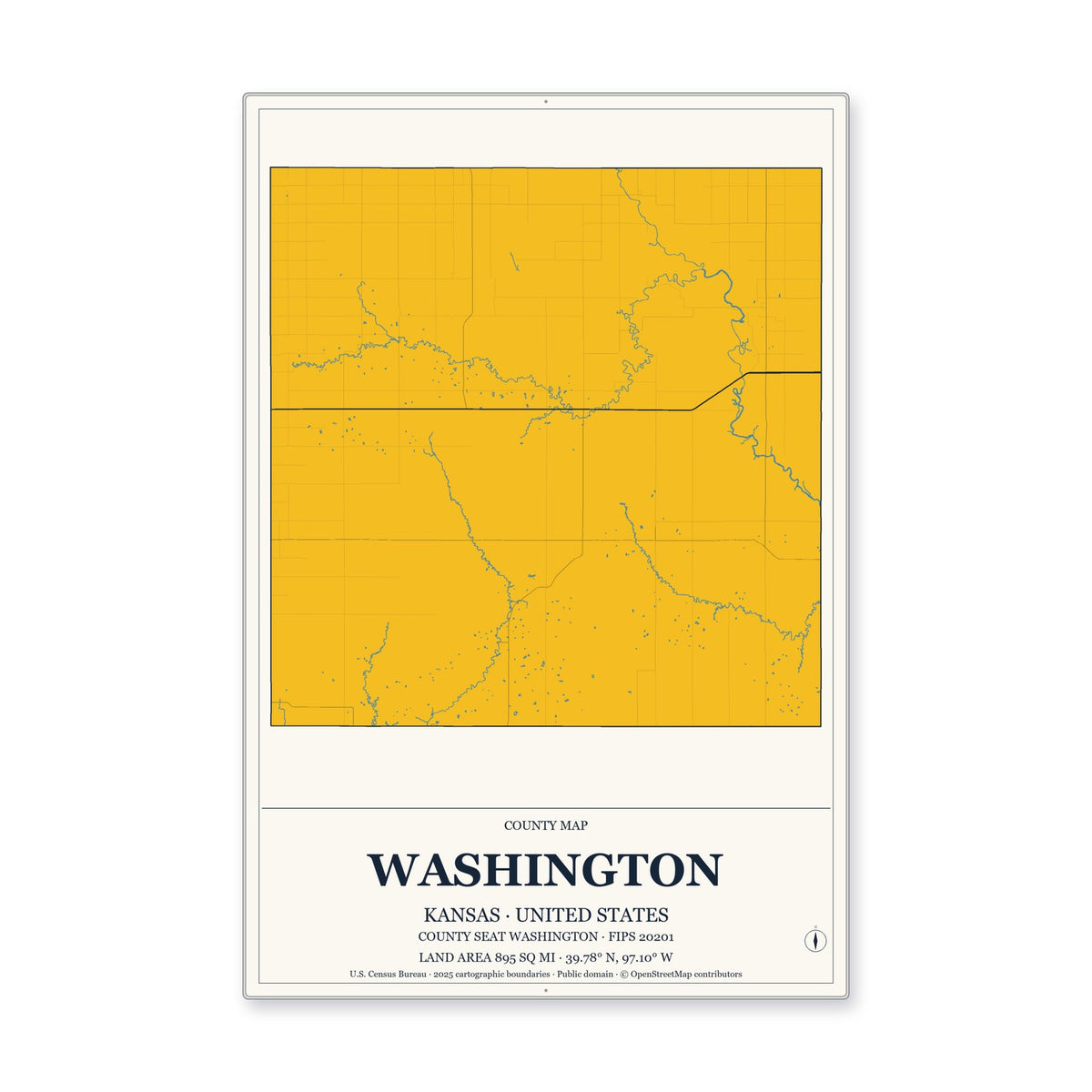 Washington County, Kansas Map Aluminum Sign in Citrine Modern style