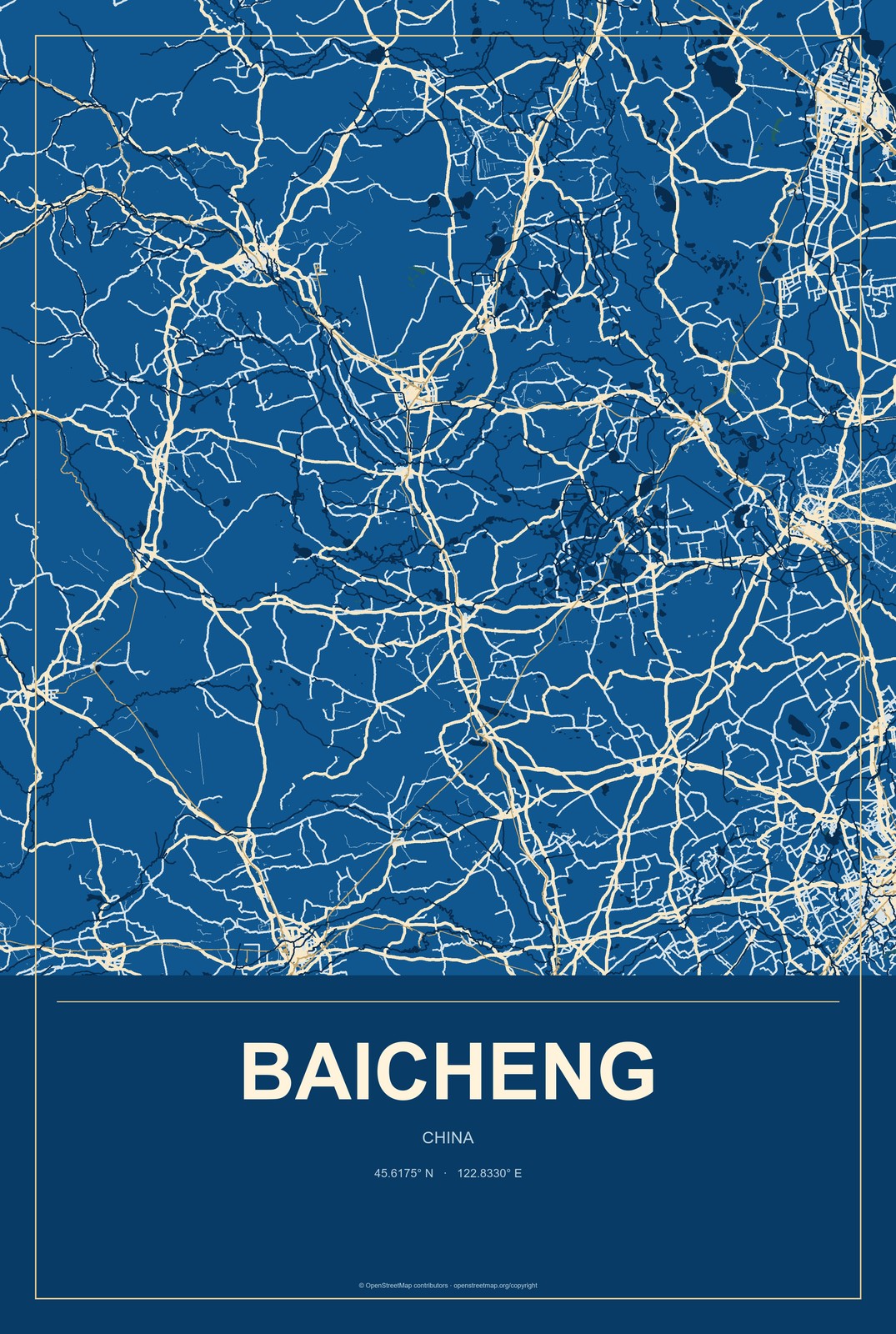 Baicheng, Jilin, China City Map Aluminum Sign in Harbor Cobalt style