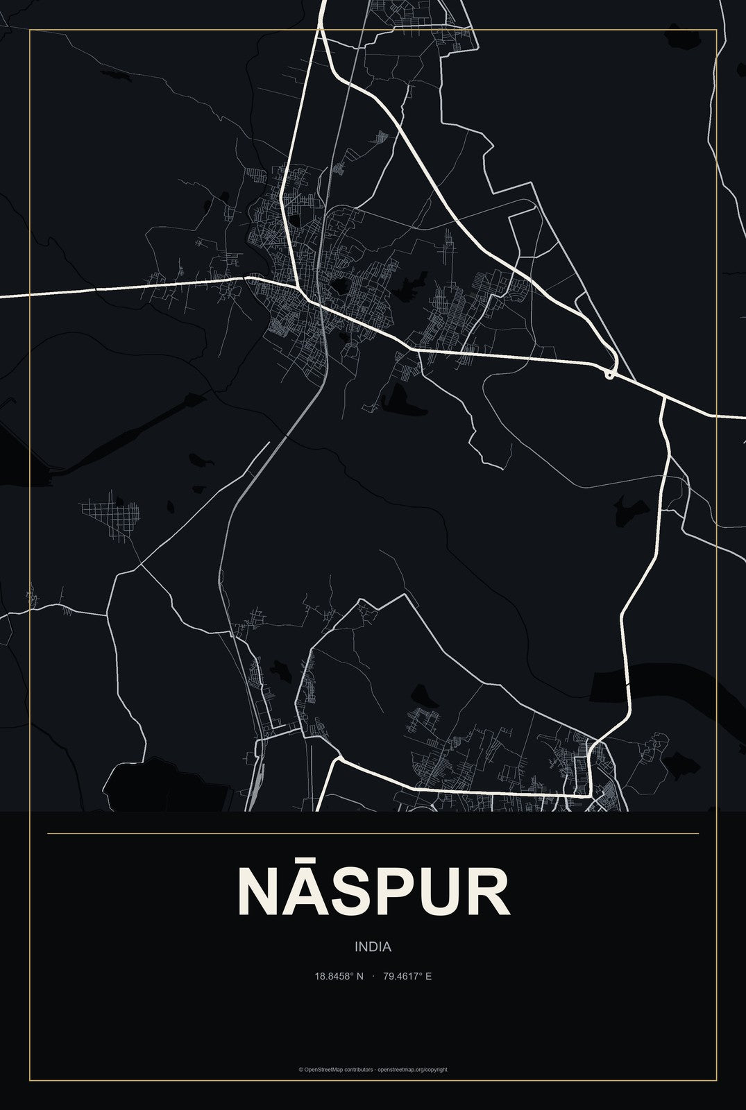Nāspur, India City Map Aluminum Sign in Metropolitan Noir style
