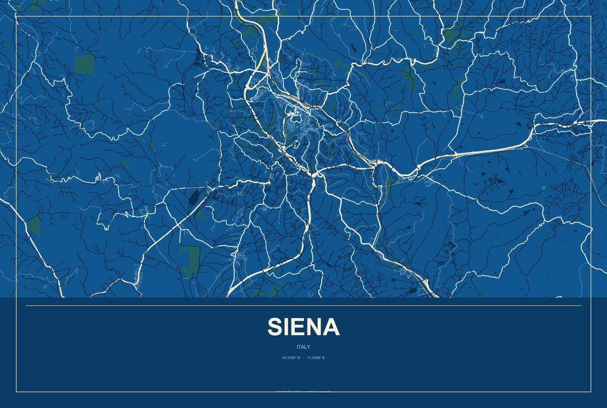 Siena, Italy City Map Aluminum Sign in Harbor Cobalt style
