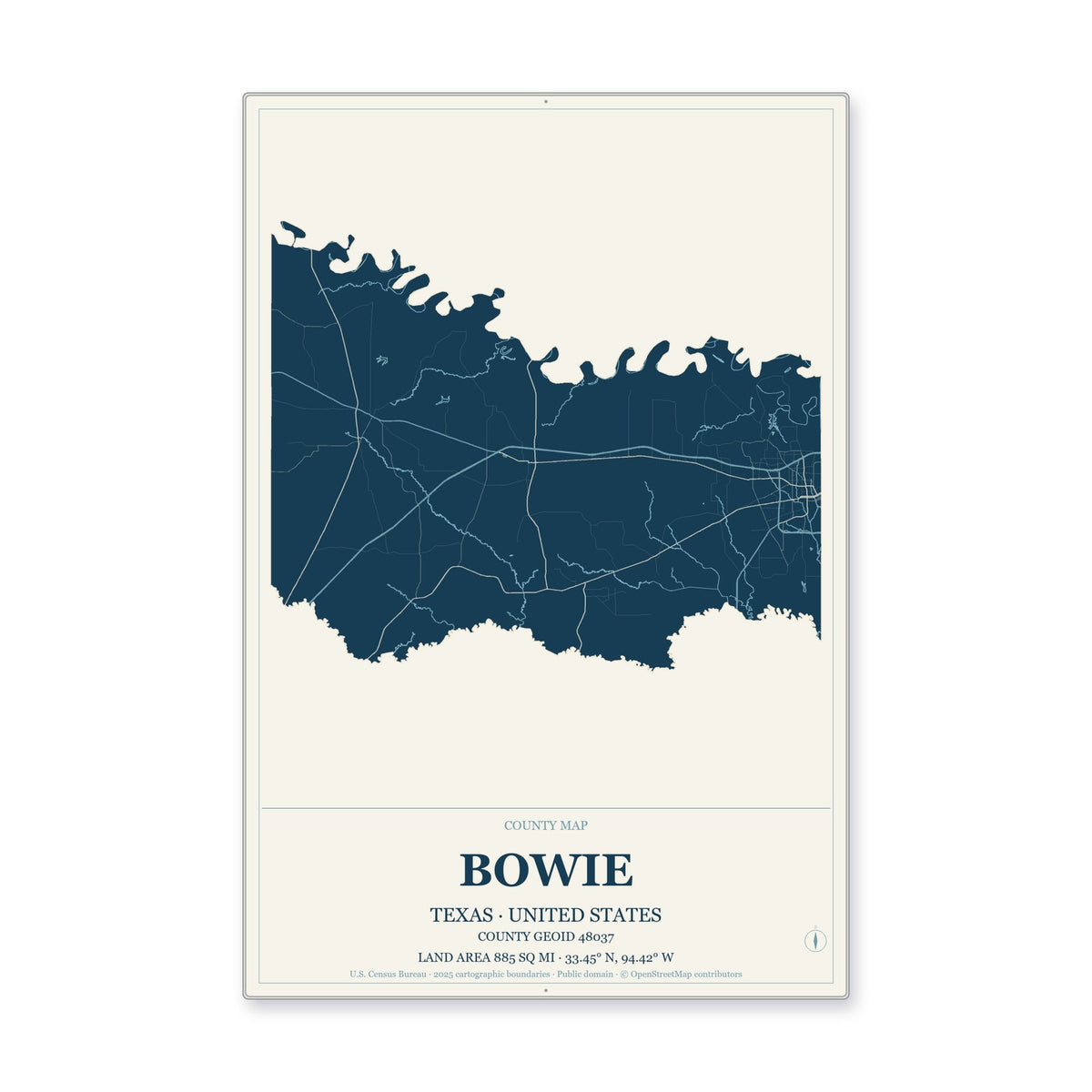 Bowie County, Texas Map Aluminum Sign in Coastal Cutout style