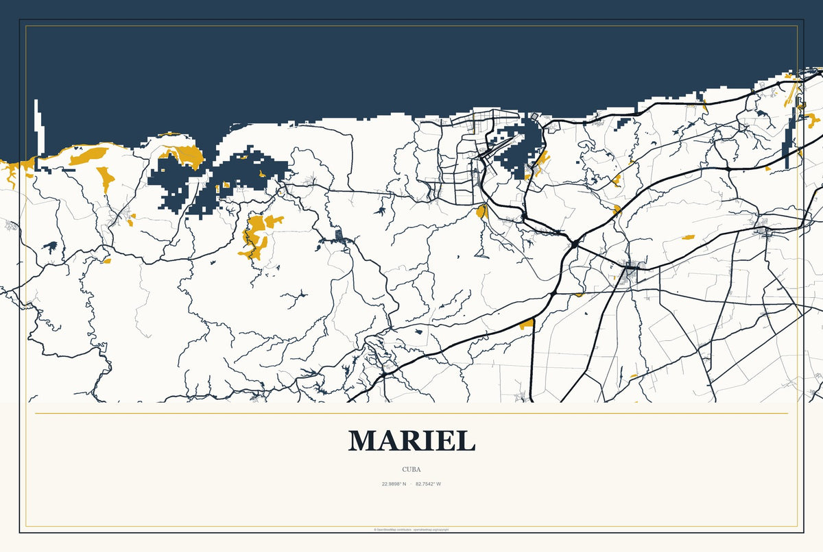 Mariel, Cuba City Map Aluminum Sign in Citrine Modern style