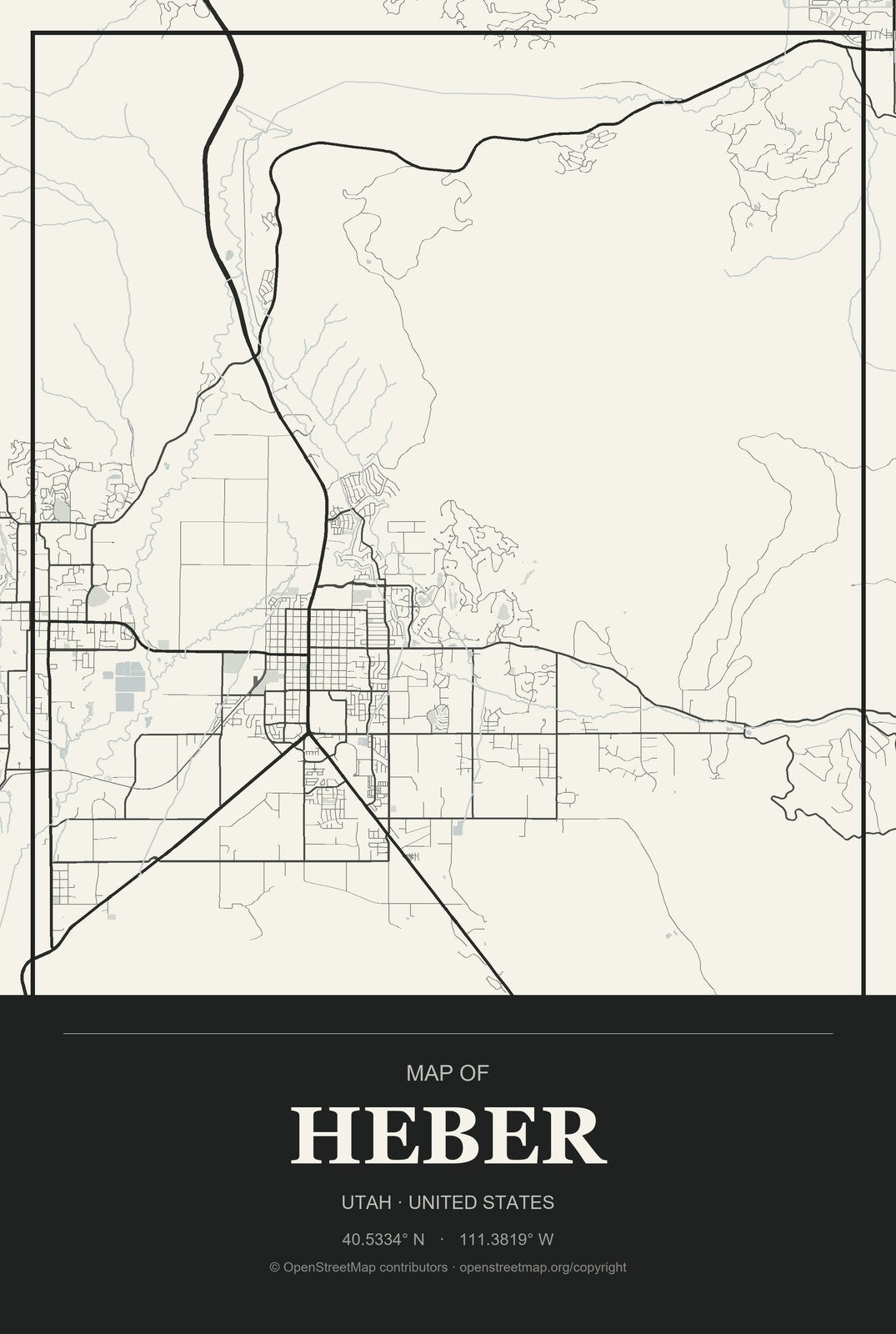 Heber, Utah City Map Aluminum Sign in Museum Plaque style