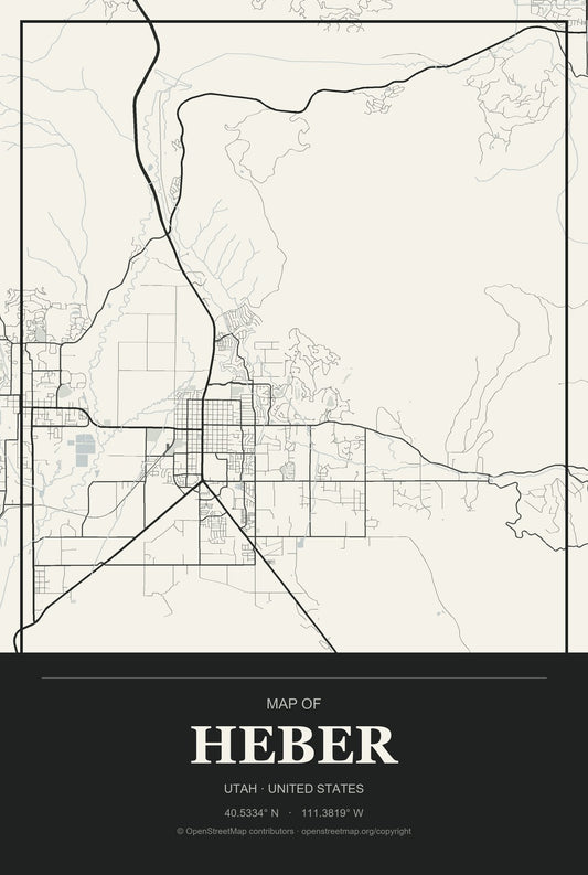 Heber, Utah City Map Aluminum Sign in Museum Plaque style