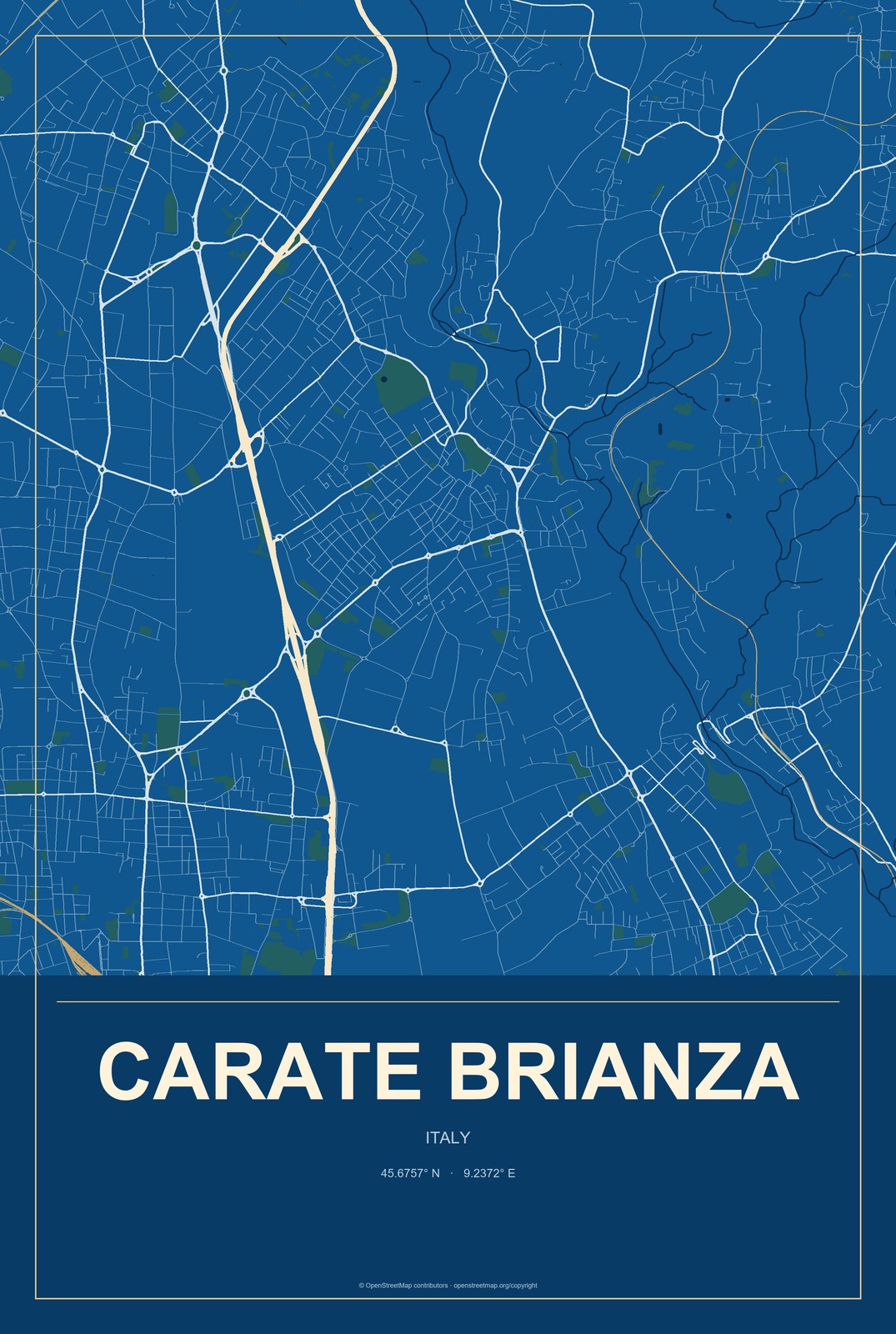 Carate Brianza, Italy City Map Aluminum Sign in Harbor Cobalt style