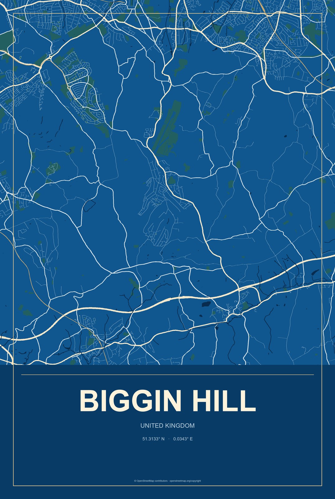 Biggin Hill, United Kingdom City Map Aluminum Sign in Harbor Cobalt style