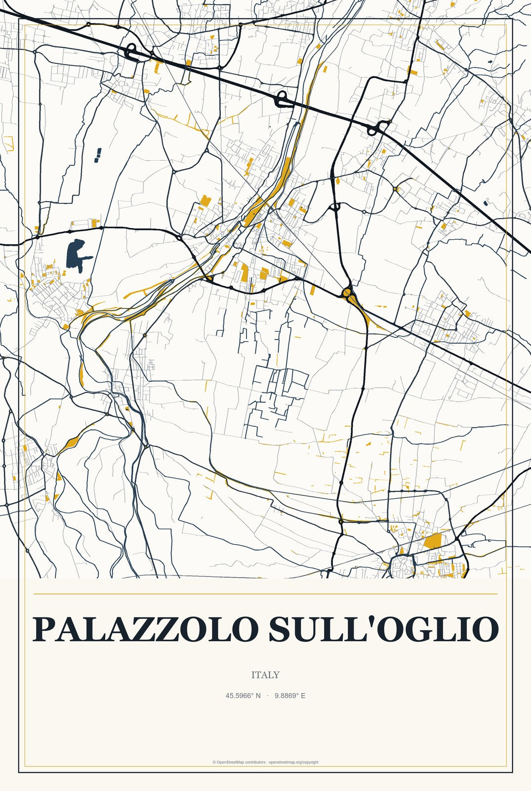 Palazzolo sull'Oglio, Italy City Map Aluminum Sign in Citrine Modern style