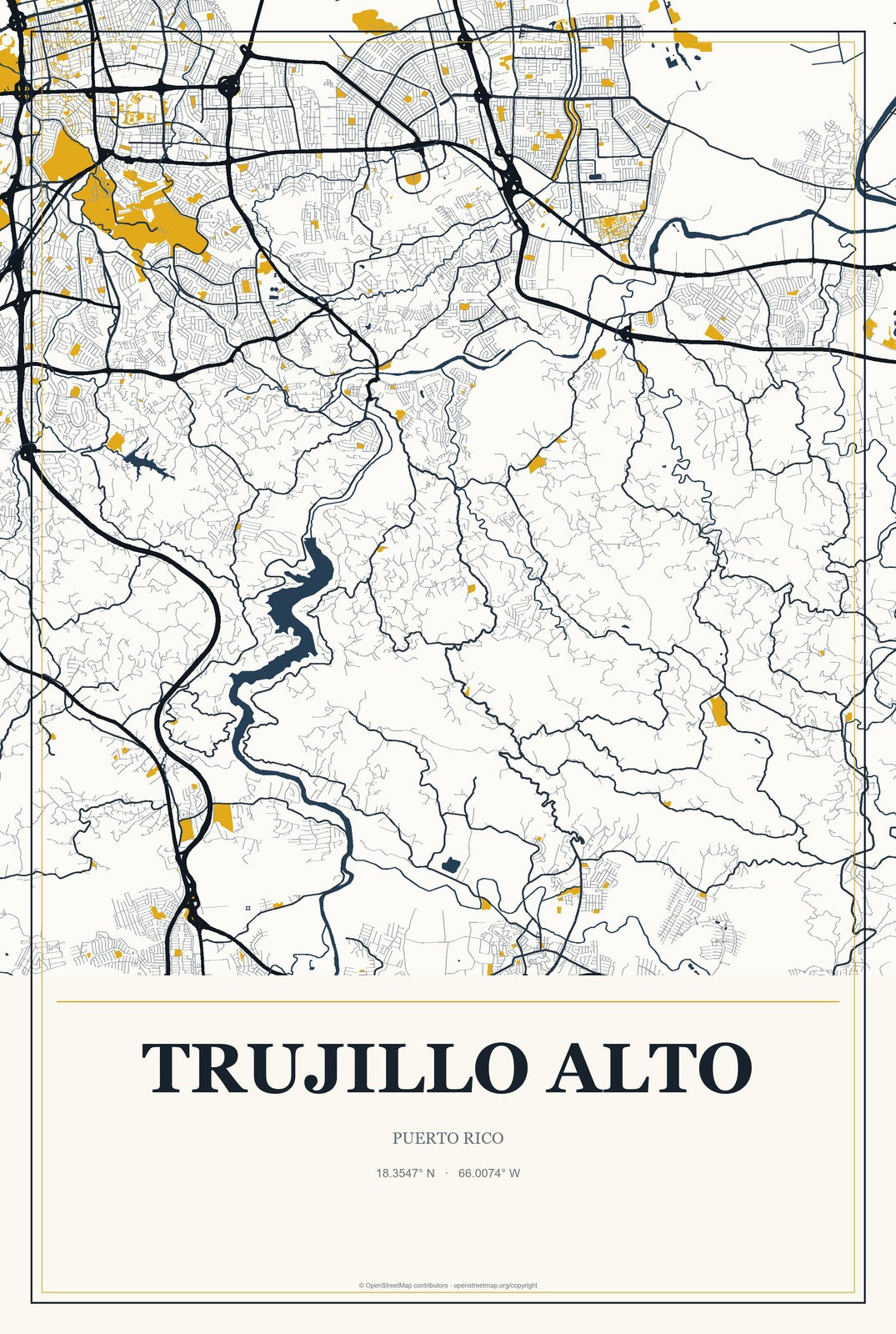 Trujillo Alto, Puerto Rico City Map Aluminum Sign in Citrine Modern style