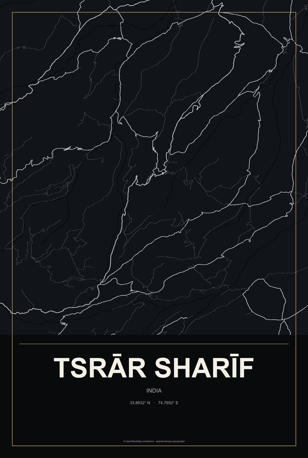 Tsrār Sharīf, India City Map Aluminum Sign in Metropolitan Noir style