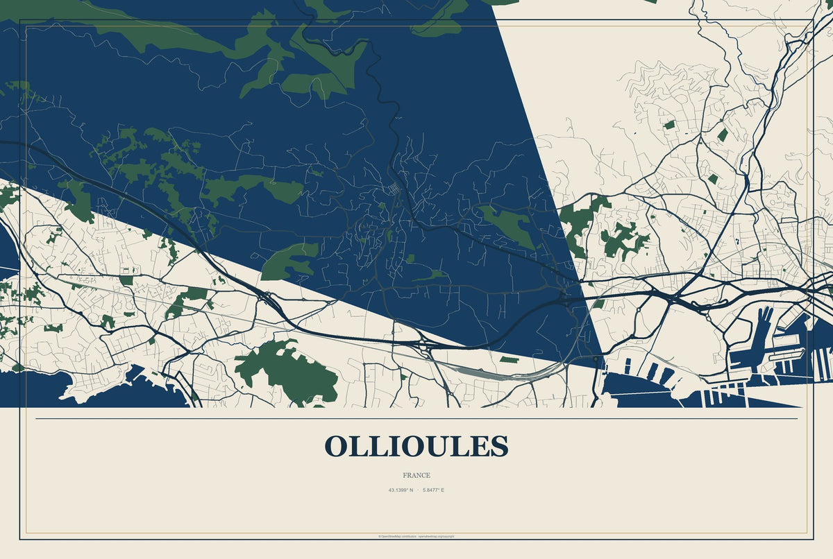 Ollioules, France City Map Aluminum Sign in Coastal Cutout style