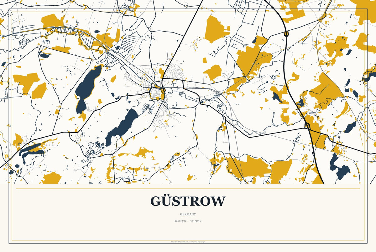 Güstrow, Germany City Map Aluminum Sign in Citrine Modern style