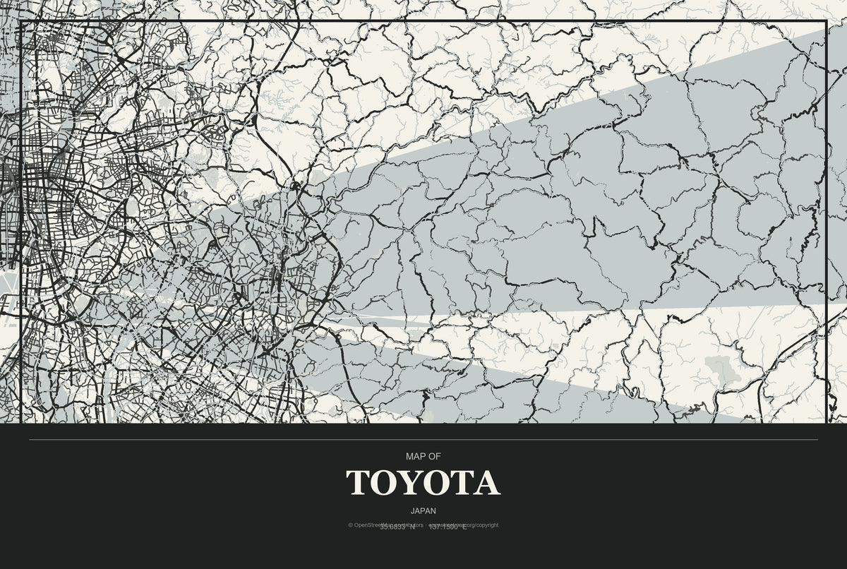 Toyota, Aomori, Japan City Map Aluminum Sign in Museum Plaque style