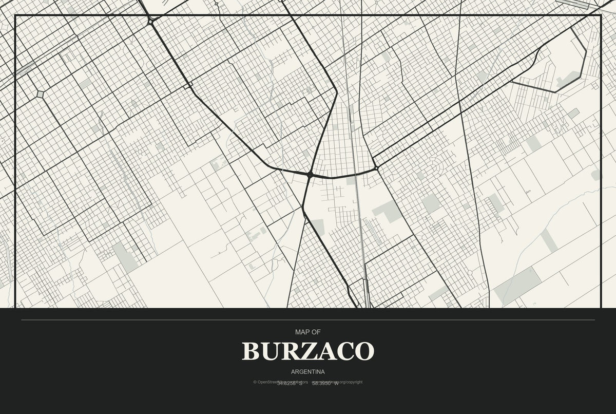 Burzaco, Argentina City Map Aluminum Sign in Museum Plaque style