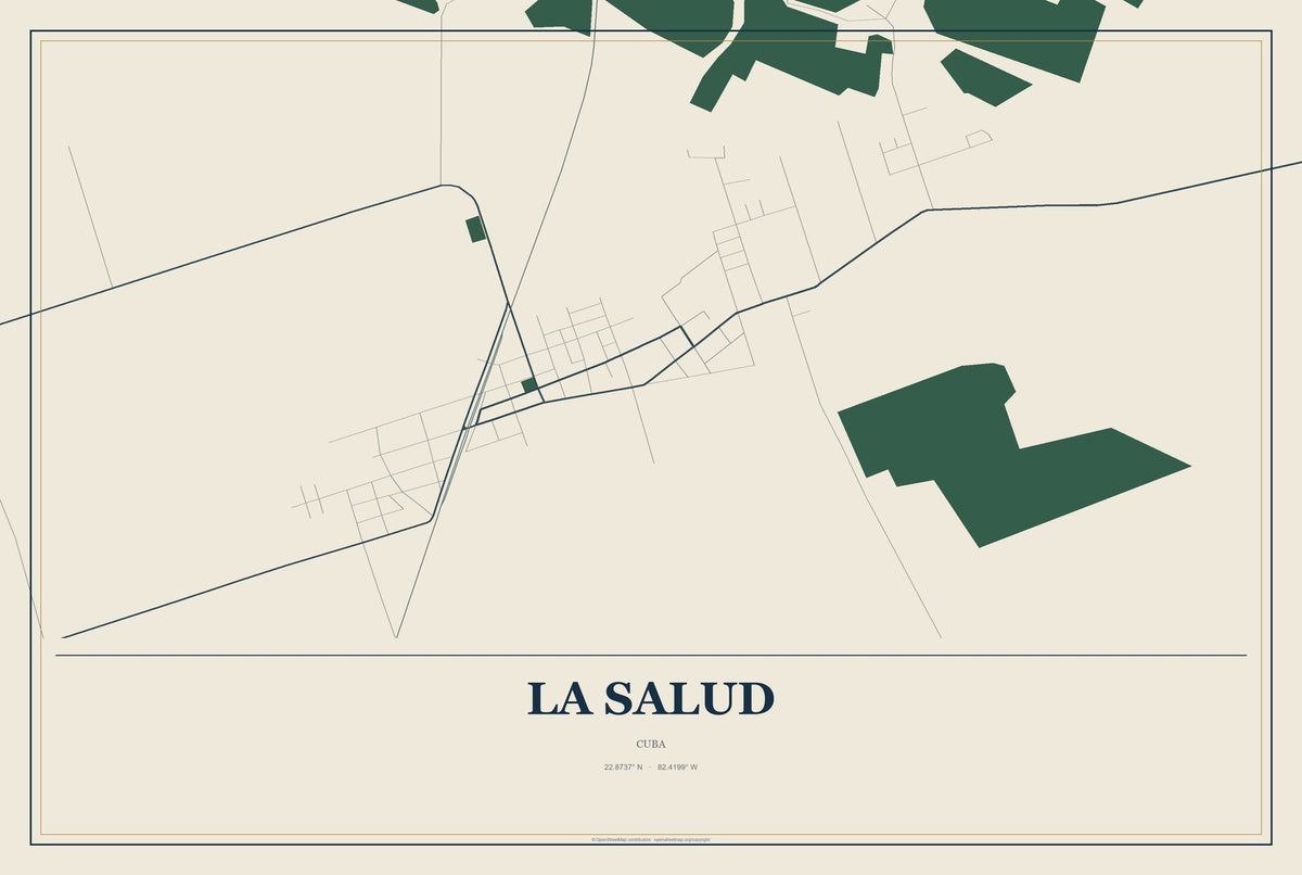 La Salud, Cuba City Map Aluminum Sign in Coastal Cutout style