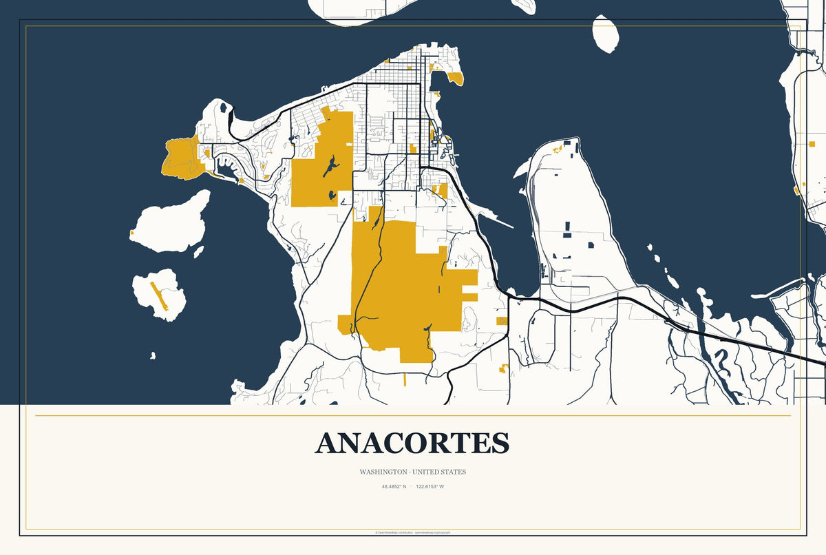 Anacortes, Washington City Map Aluminum Sign in Citrine Modern style