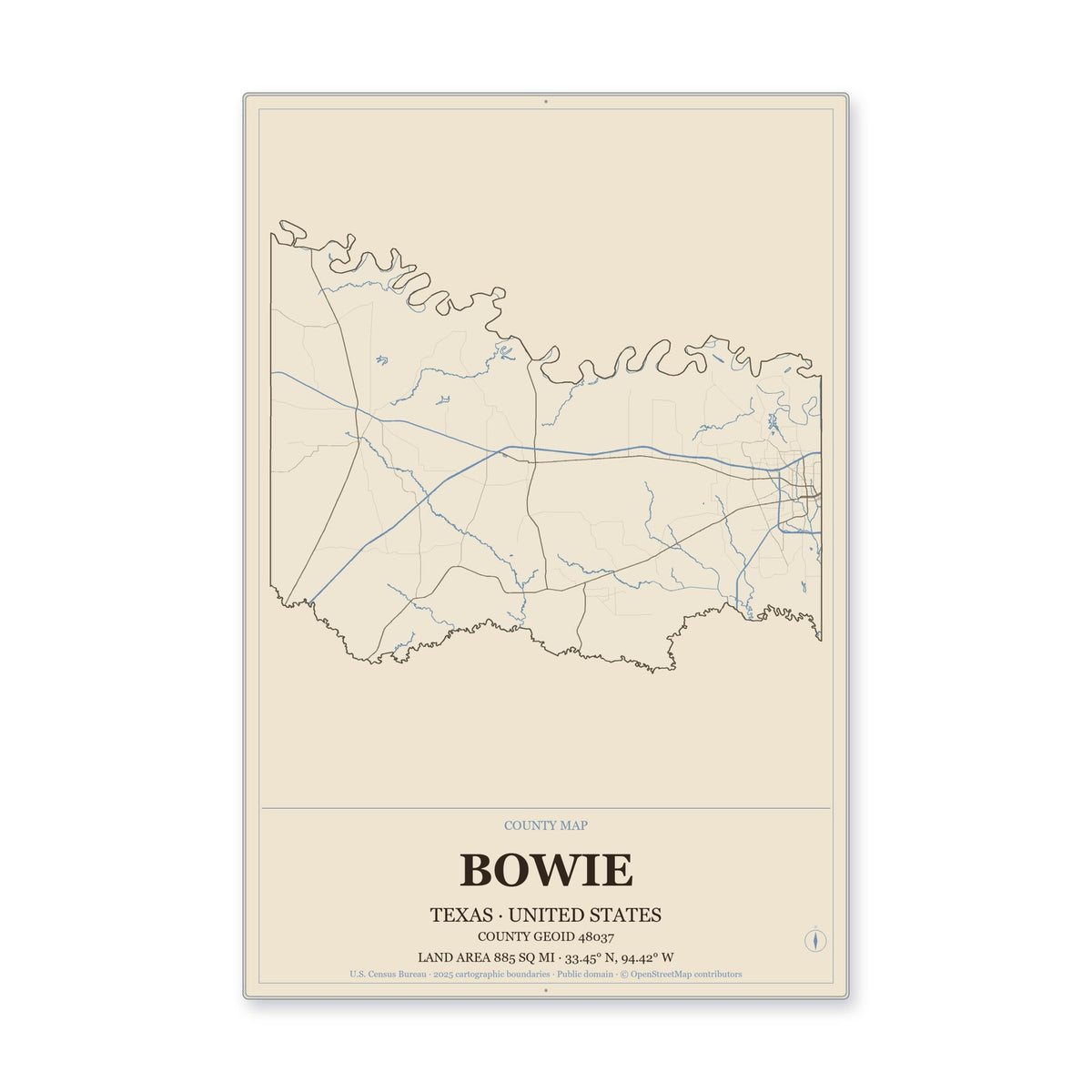 Bowie County, Texas Map Aluminum Sign in Heritage Nautical style