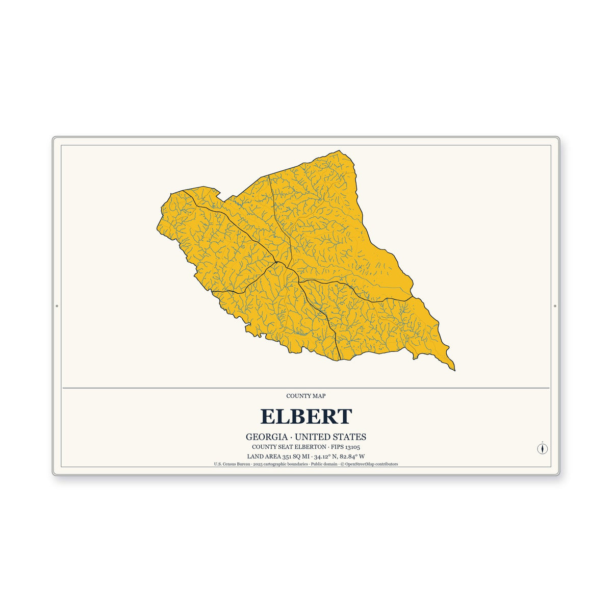 Elbert County, Georgia Map Aluminum Sign in Citrine Modern style
