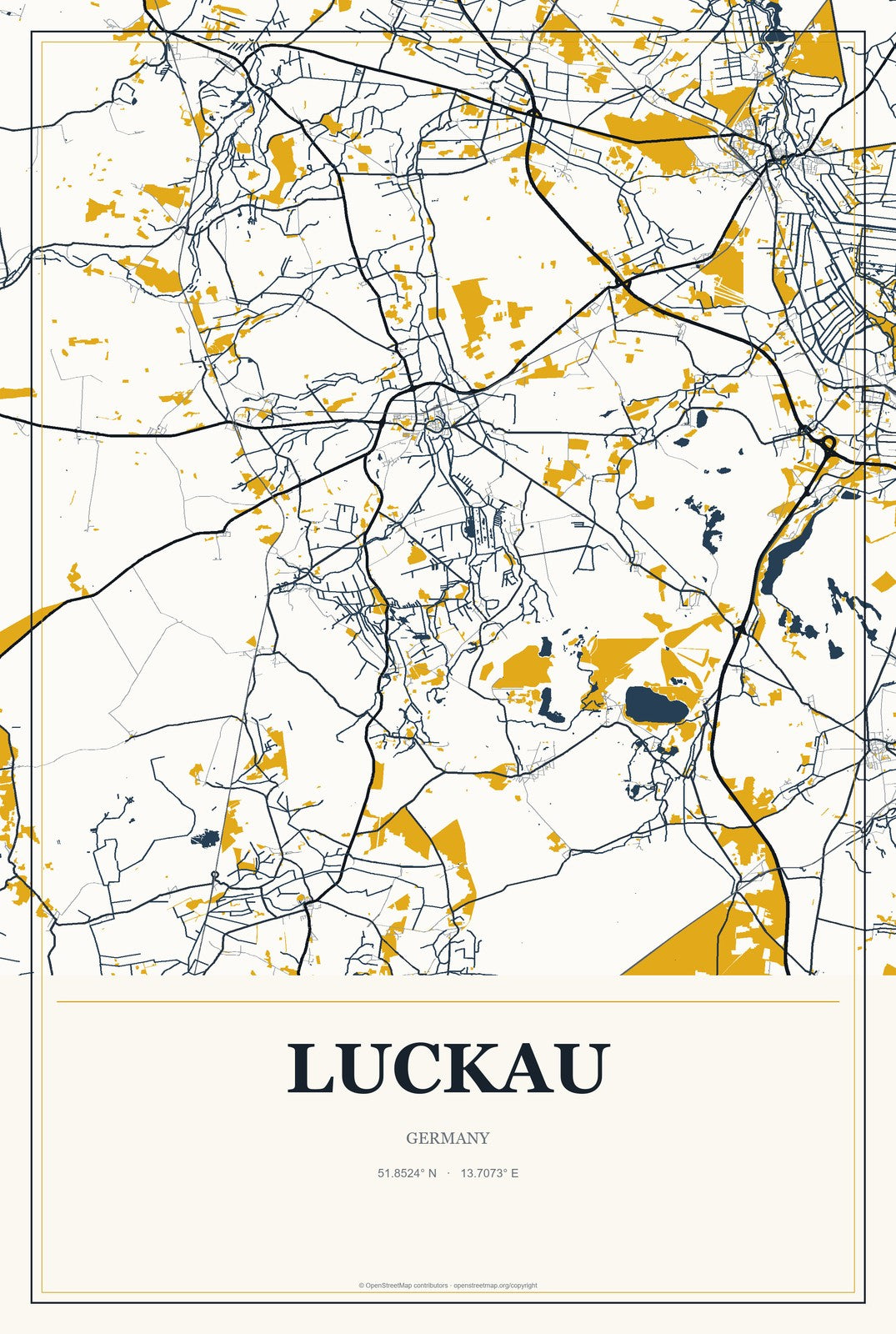 Luckau, Germany City Map Aluminum Sign in Citrine Modern style