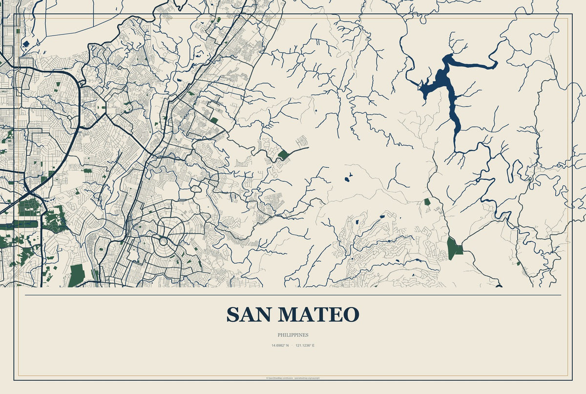 San Mateo, Calabarzon, Philippines City Map Aluminum Sign in Coastal Cutout style