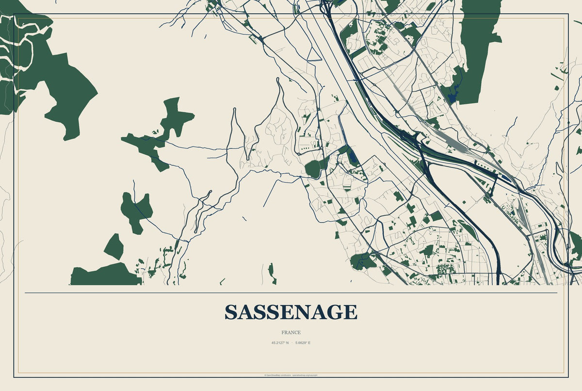 Sassenage, France City Map Aluminum Sign in Coastal Cutout style