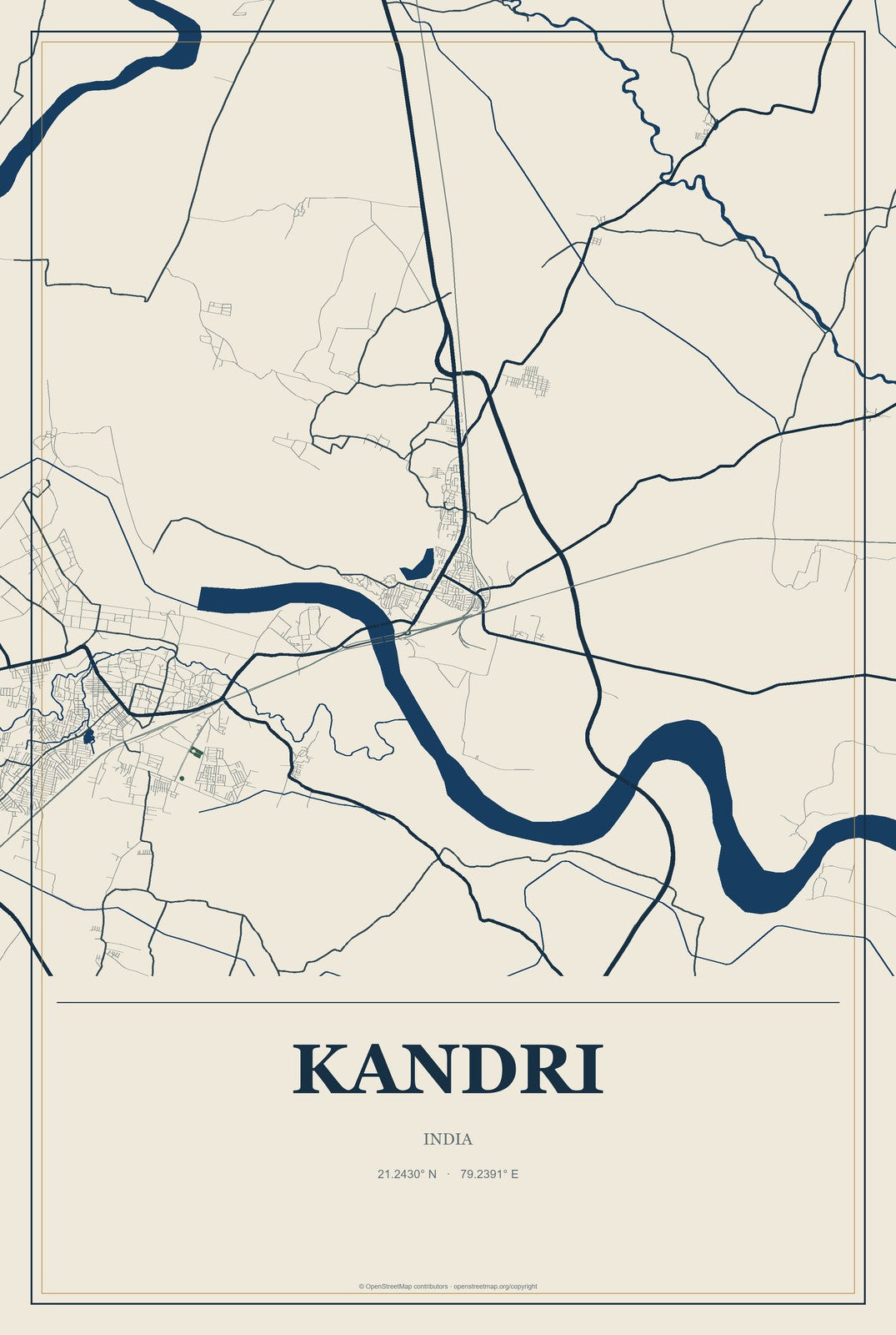 Kandri, India City Map Aluminum Sign in Coastal Cutout style
