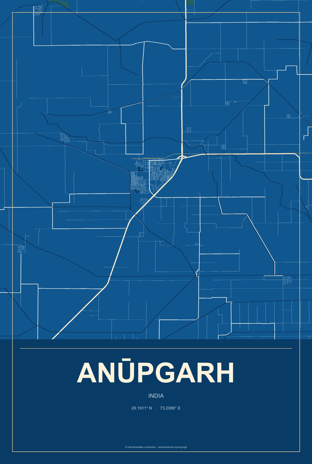 Anūpgarh, India City Map Aluminum Sign in Harbor Cobalt style