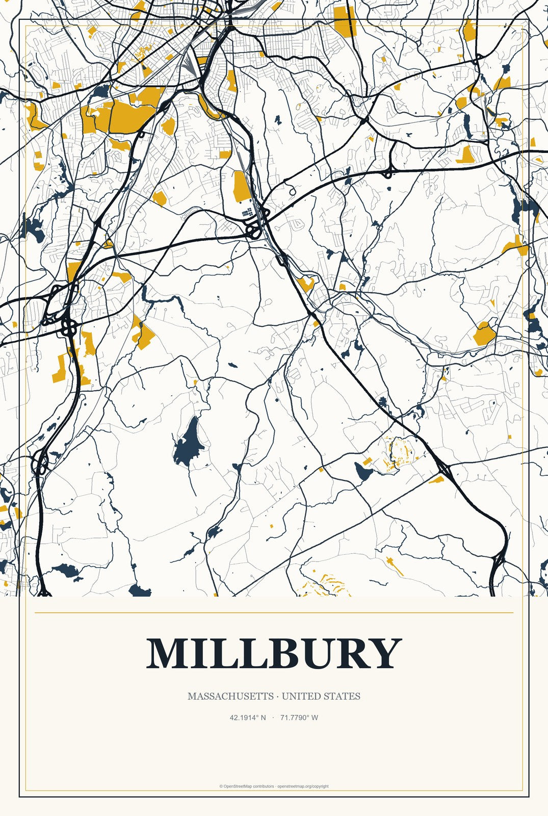 Millbury, Massachusetts City Map Aluminum Sign in Citrine Modern style