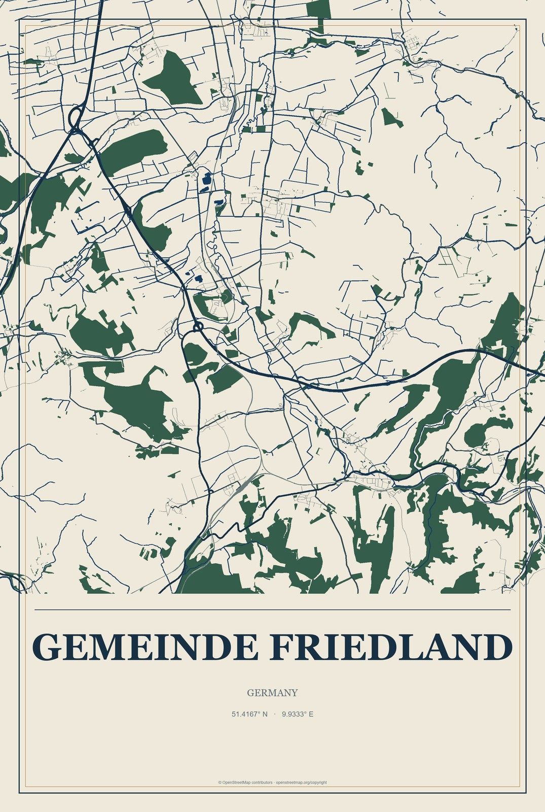 Gemeinde Friedland, Germany City Map Aluminum Sign in Coastal Cutout style