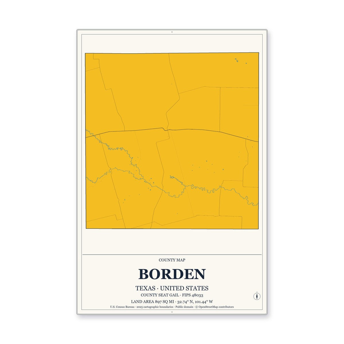 Borden County, Texas Map Aluminum Sign in Citrine Modern style