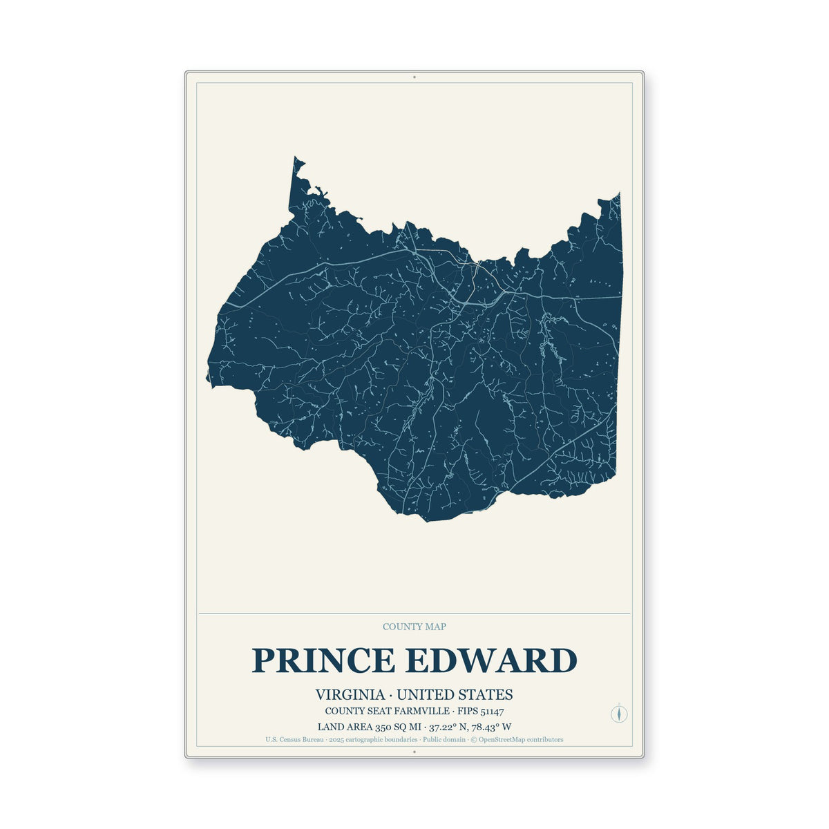 Prince Edward County, Virginia Map Aluminum Sign in Coastal Cutout style