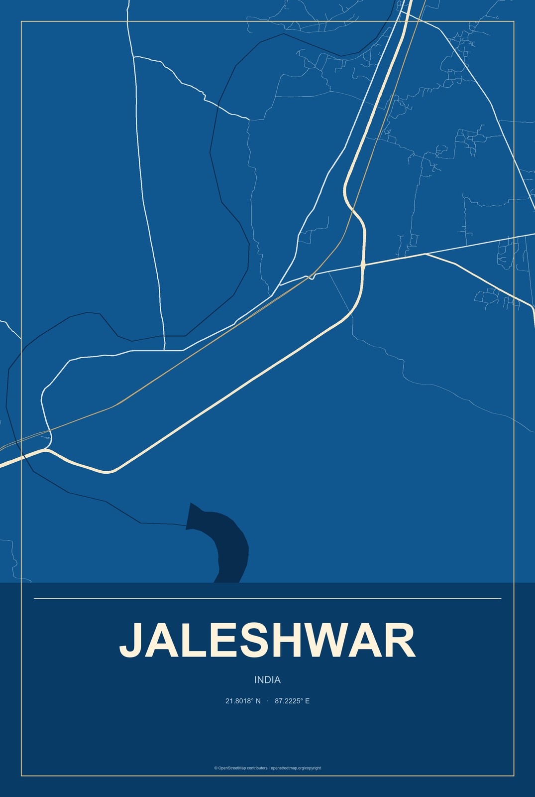 Jaleshwar, India City Map Aluminum Sign in Harbor Cobalt style