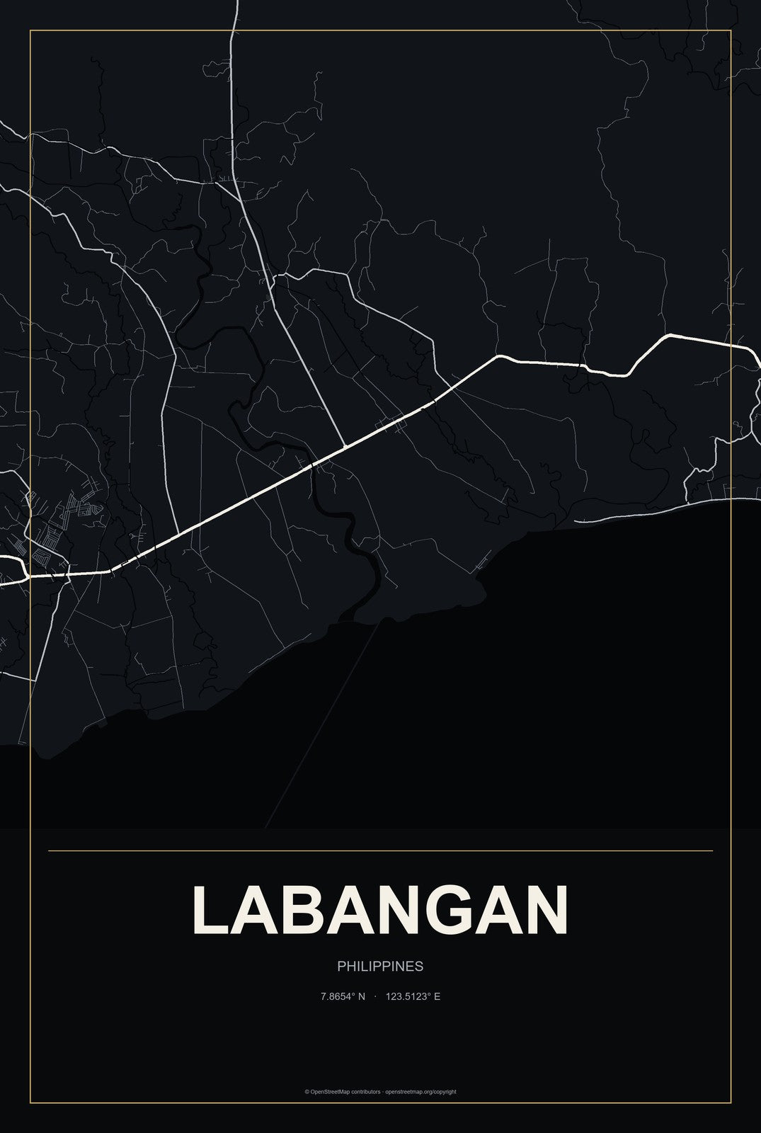 Labangan, Philippines City Map Aluminum Sign in Metropolitan Noir style