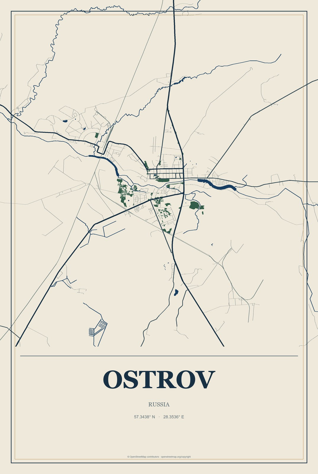 Ostrov, Russia City Map Aluminum Sign in Coastal Cutout style