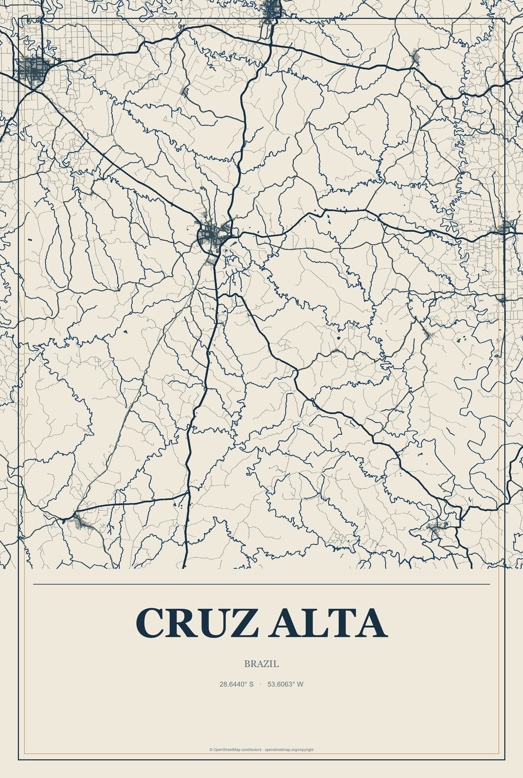 Cruz Alta, Brazil City Map Aluminum Sign in Coastal Cutout style