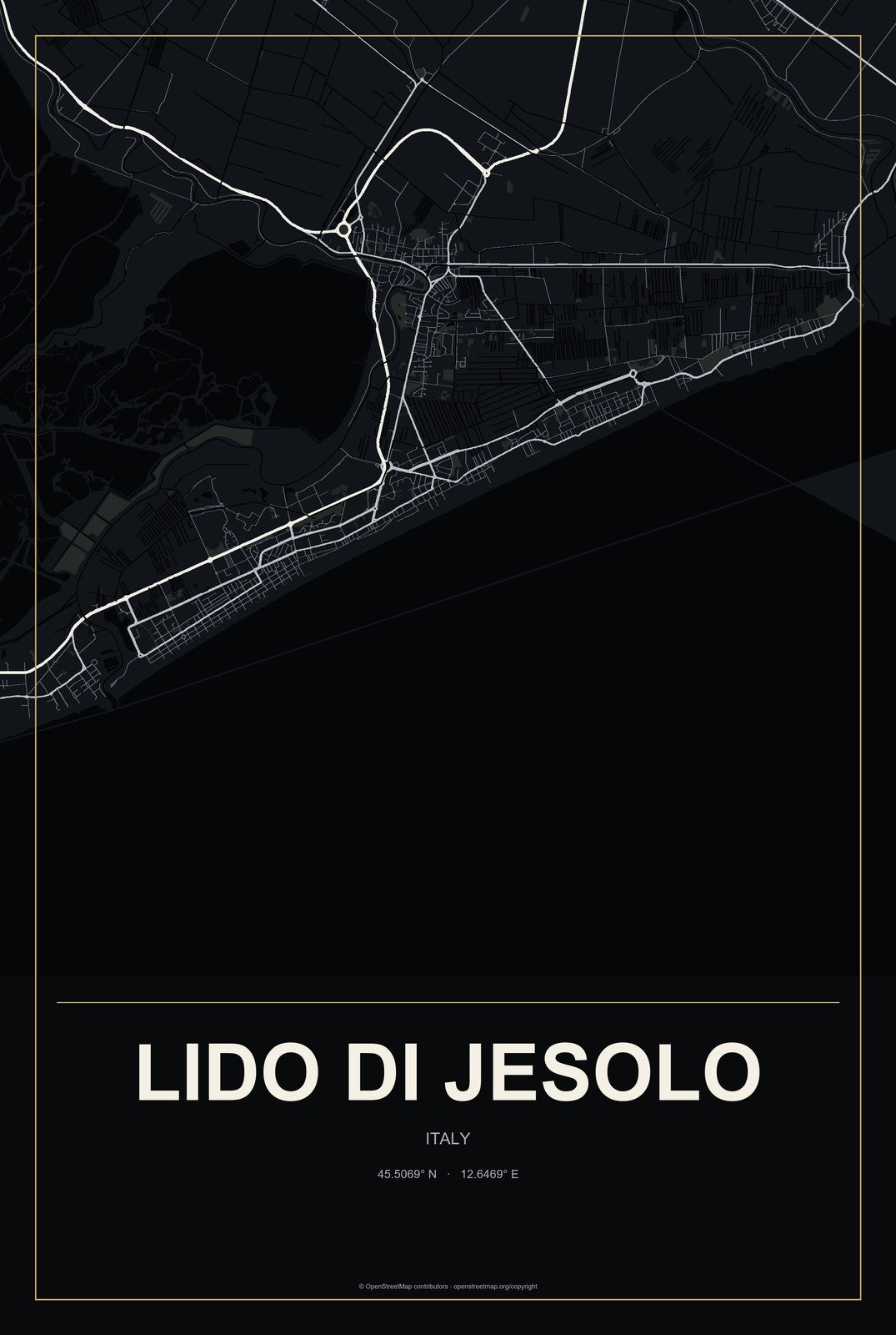 Lido di Jesolo, Italy City Map Aluminum Sign in Metropolitan Noir style