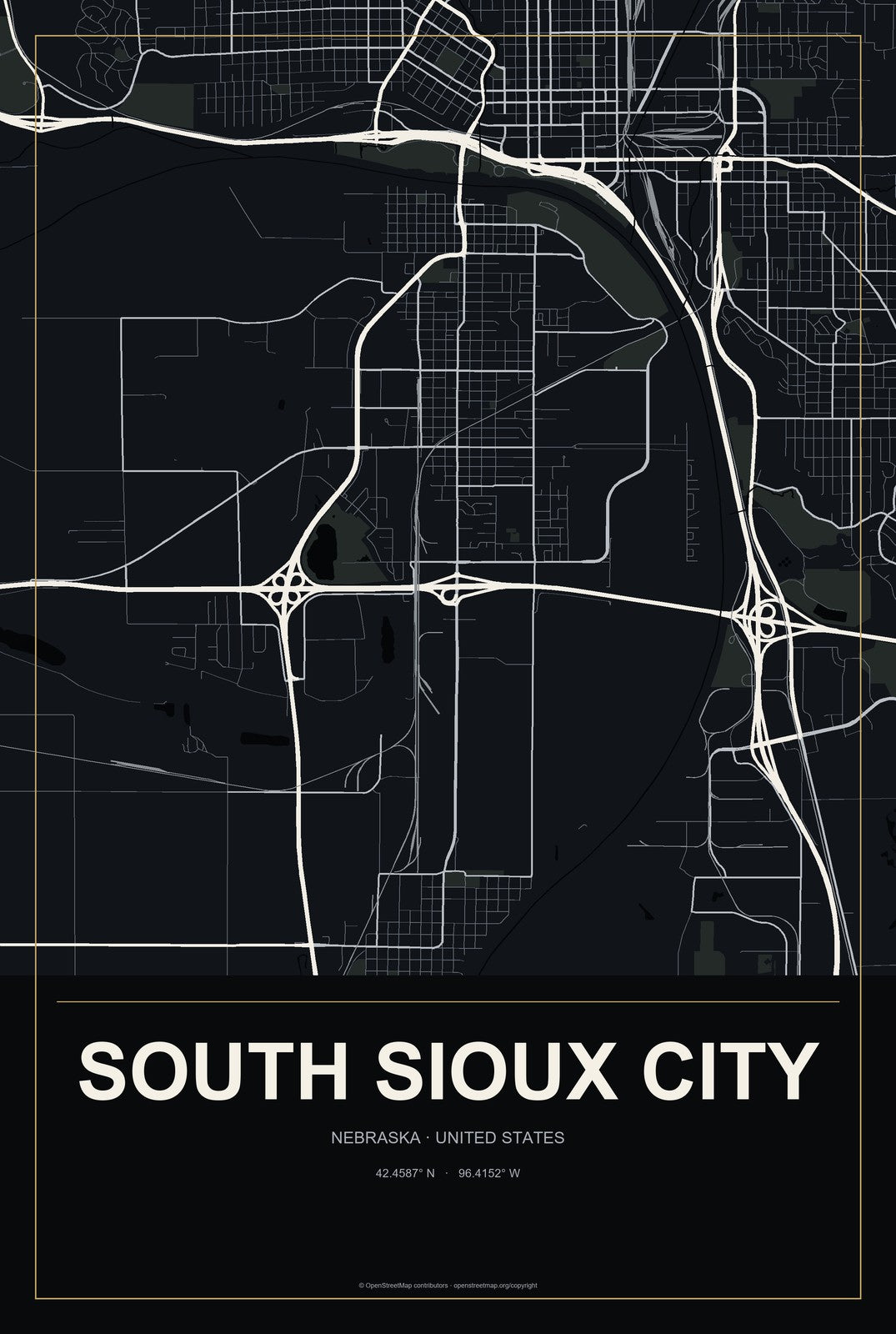 South Sioux City, Nebraska City Map Aluminum Sign in Metropolitan Noir style