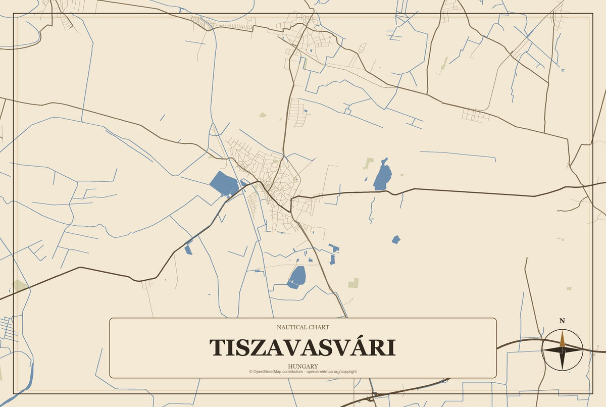 Tiszavasvári, Hungary City Map Aluminum Sign in Heritage Nautical style