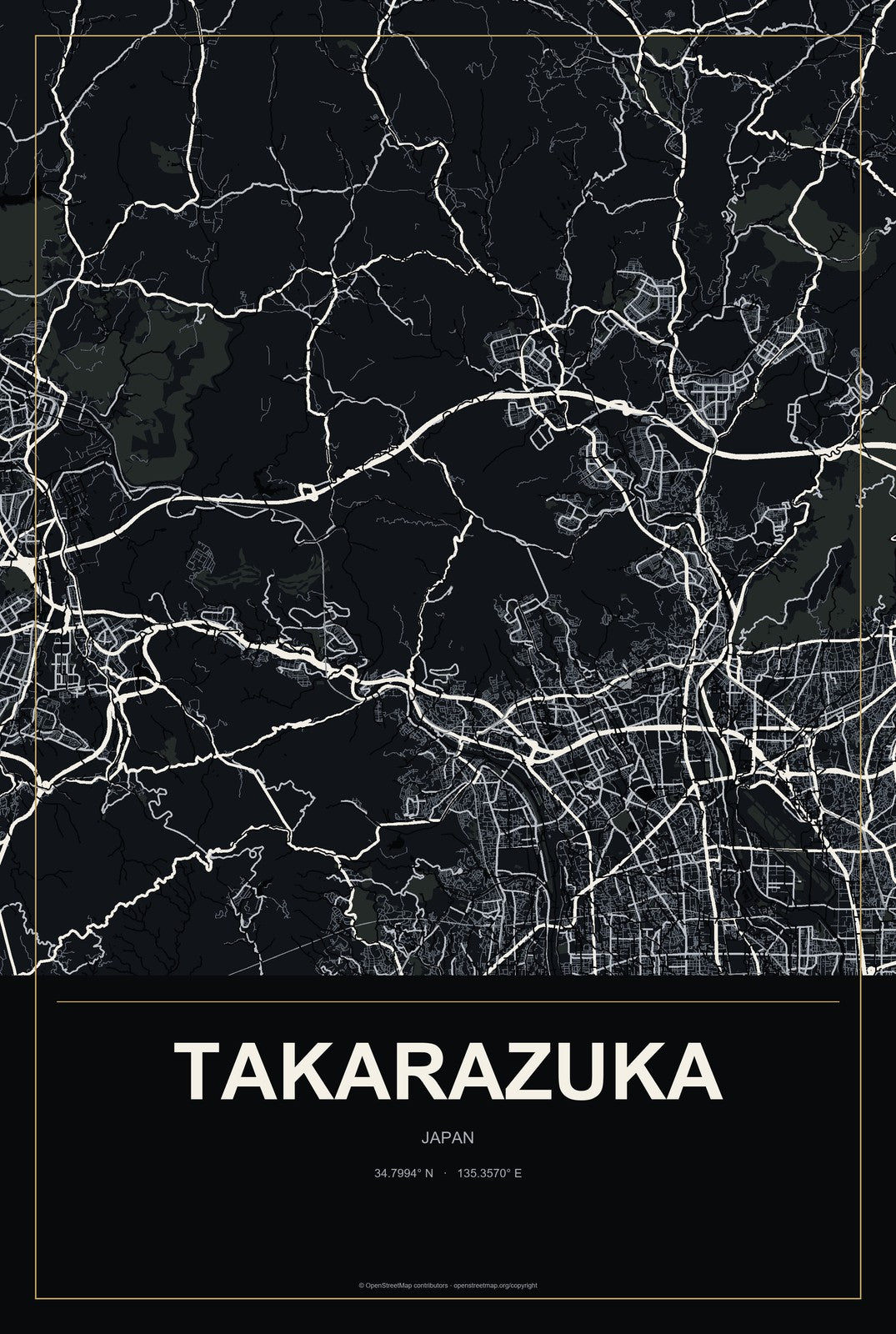 Takarazuka, Japan City Map Aluminum Sign in Metropolitan Noir style