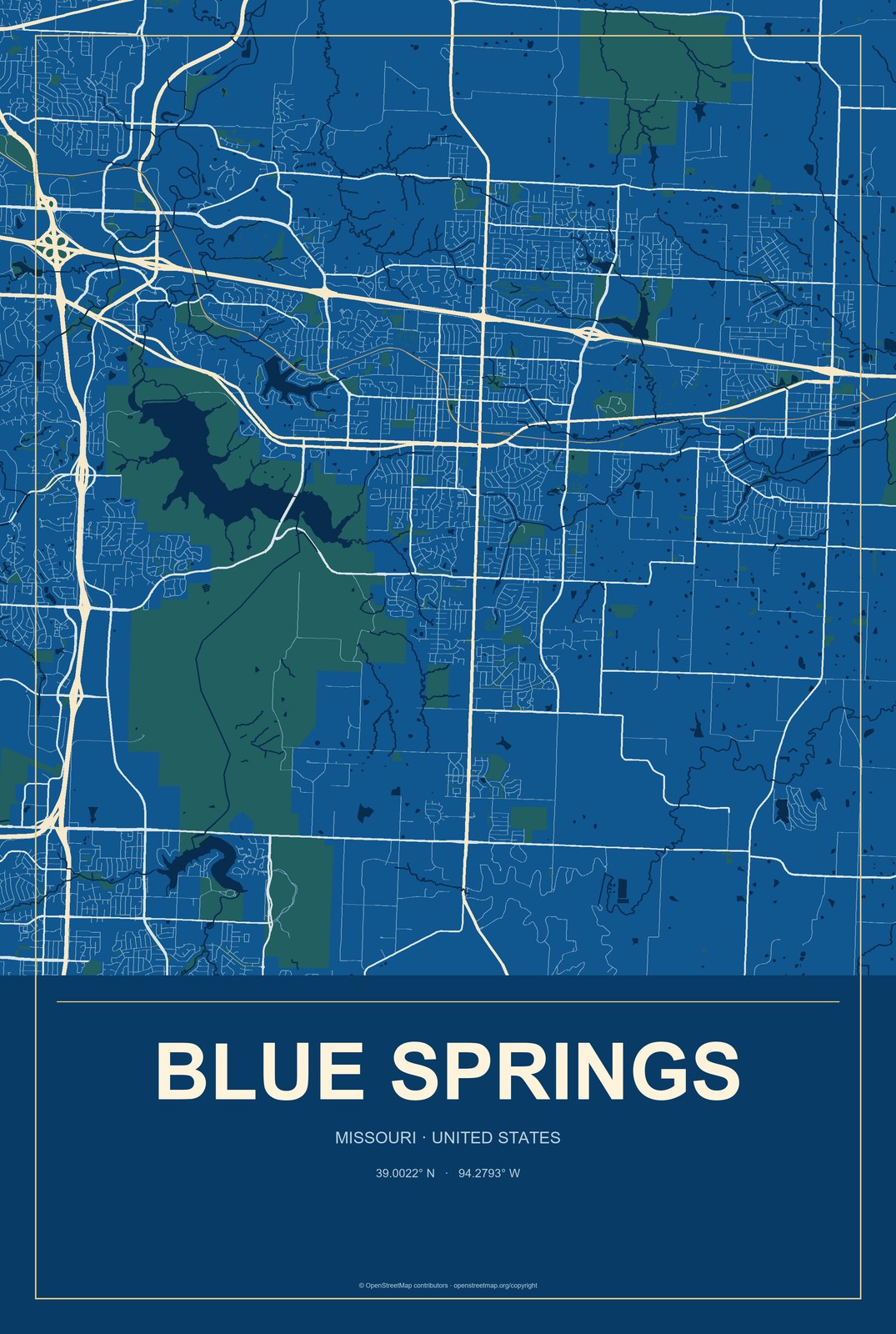 Blue Springs, Missouri City Map Aluminum Sign in Harbor Cobalt style
