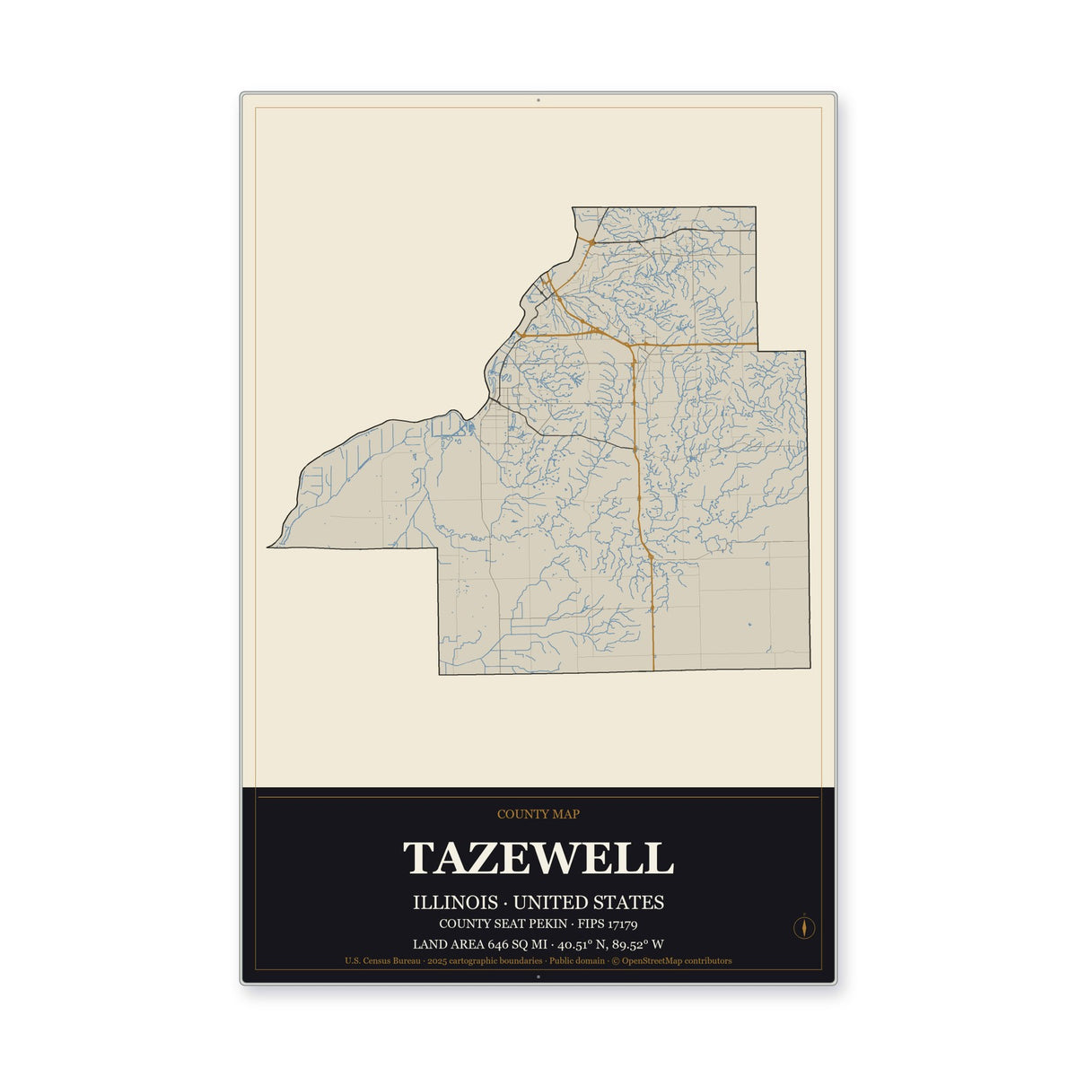 Tazewell County, Illinois Map Aluminum Sign in Museum Plaque style