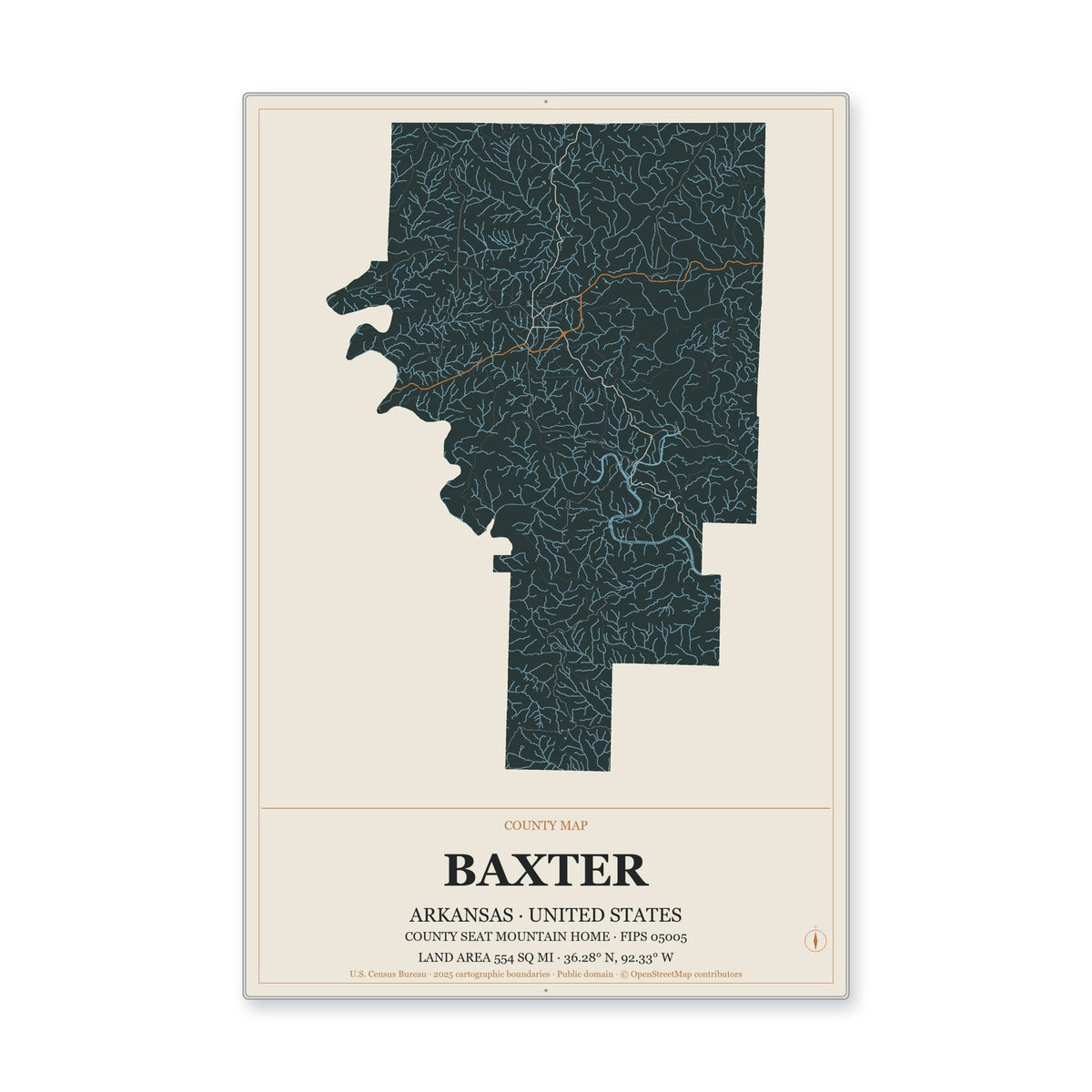 Baxter County, Arkansas Map Aluminum Sign in Headline Atlas style