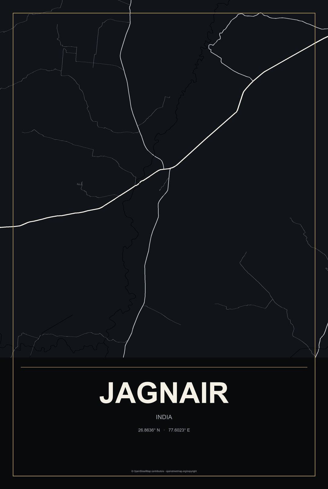Jagnair, India City Map Aluminum Sign in Metropolitan Noir style