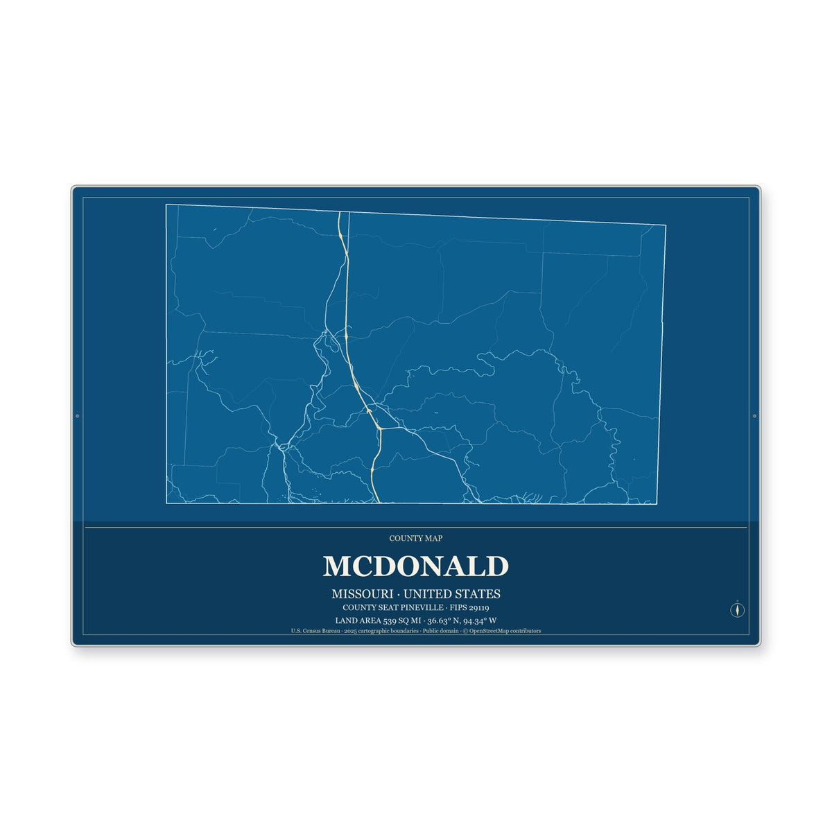 McDonald County, Missouri Map Aluminum Sign in Harbor Cobalt style