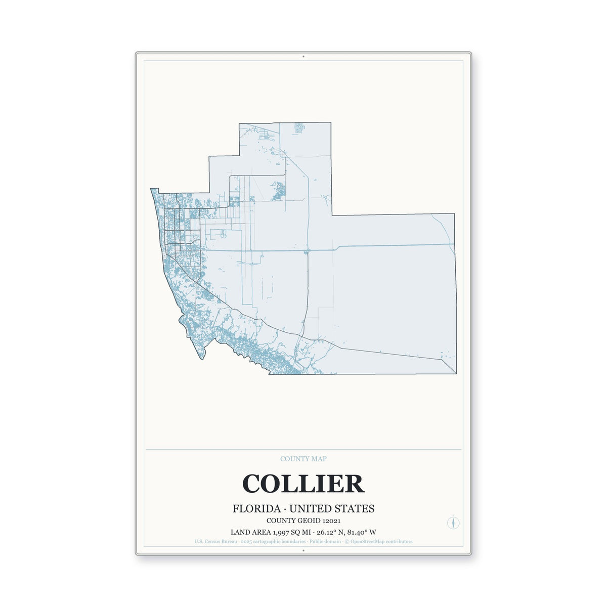 Collier County, Florida Map Aluminum Sign in Gallery Air style